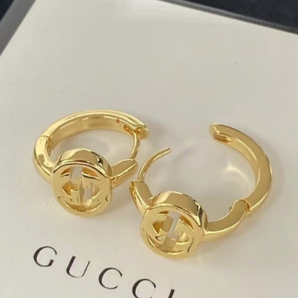 18kt Gold Plated Interlocking Double G Logo Hoop Earrings - Gucci Style - Picture 3 of 5